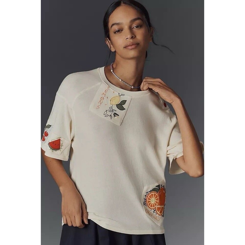 Maeve Anthropologie Women’s L Embroidered Fruit Patch Boxy Top Cream Cotton Top